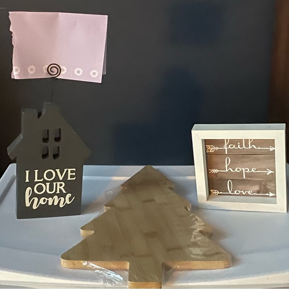 Tree shaped cutting board. Picture faith hope love + house shaped picture holder